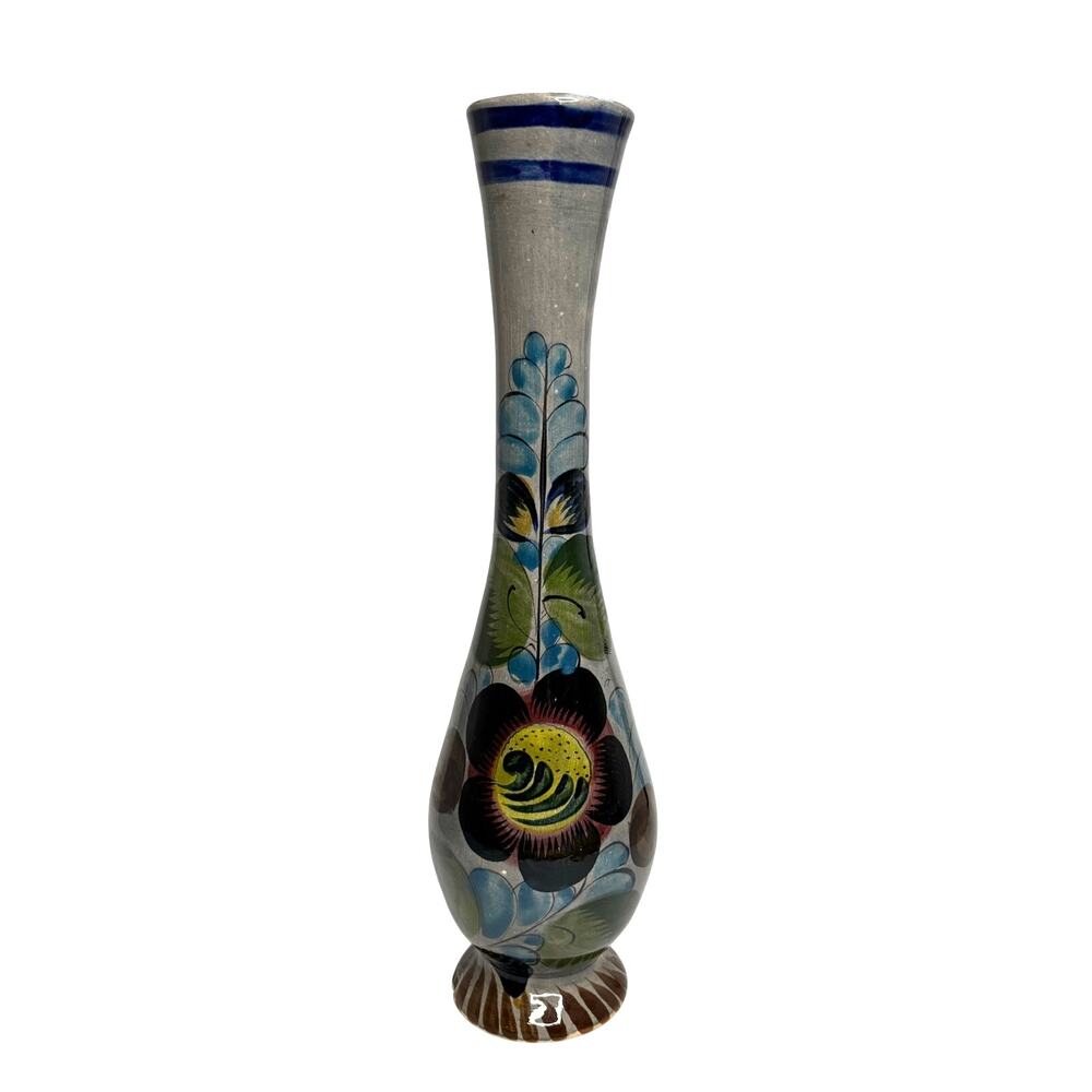 Vintage Tonala Mexican Folk Art Vase 15" Floral Pottery Southwestern Decor